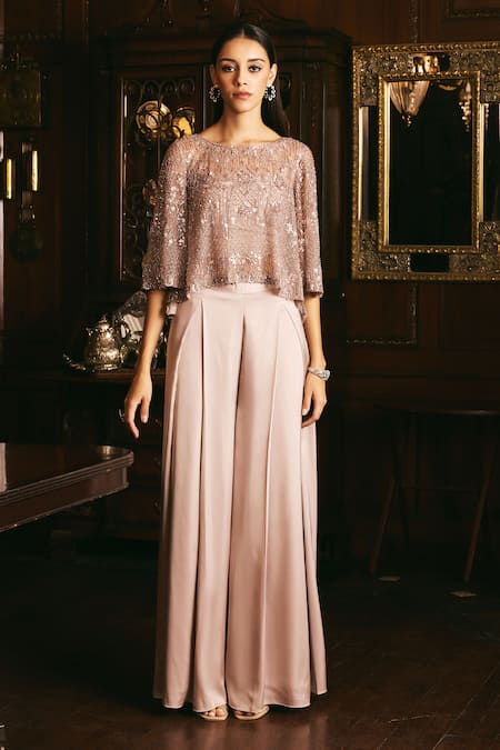 Buy_Studio22 By Pulkita Arora Bajaj_Pink Net, Satin Sequins, Beads, Stones Round Firefly Embroidered Top And Pant Set _Online_at_Aza_Fashions