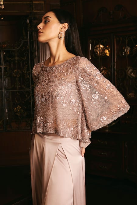 Studio22 By Pulkita Arora Bajaj_Pink Net, Satin Sequins, Beads, Stones Round Firefly Embroidered Top And Pant Set _at_Aza_Fashions