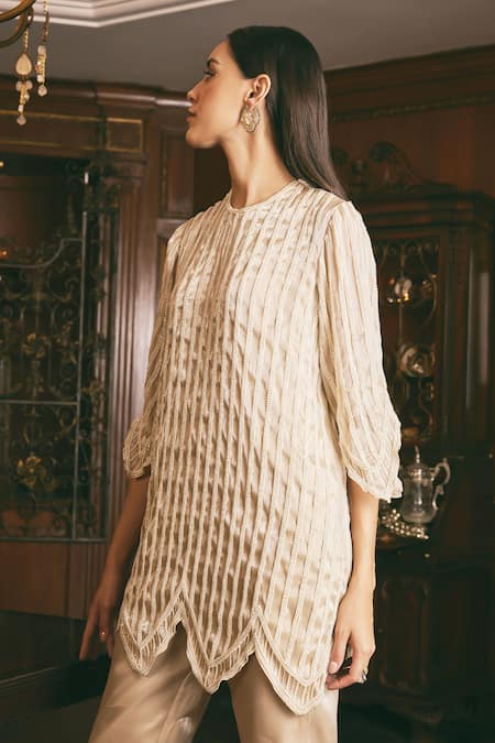 Buy_Studio22 By Pulkita Arora Bajaj_Beige Organza Lace, Pearls Round Neck Grace Embroidered Short Kurta With Pant _Online_at_Aza_Fashions