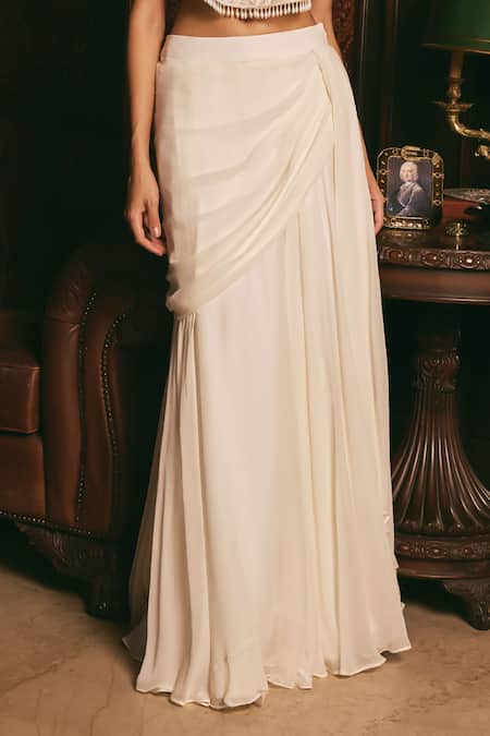 Studio22 By Pulkita Arora Bajaj_Ivory Organza, Georgette Halo Floral Threadwork Cut-out Jacket Skirt Set _Online_at_Aza_Fashions