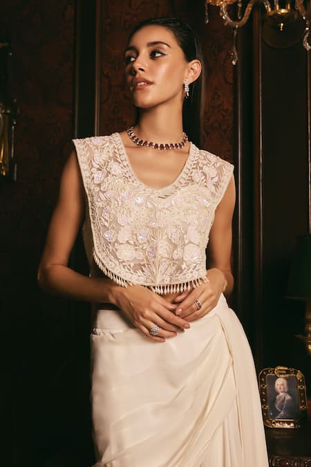 Buy_Studio22 By Pulkita Arora Bajaj_Ivory Organza, Georgette Halo Floral Threadwork Cut-out Jacket Skirt Set _Online_at_Aza_Fashions