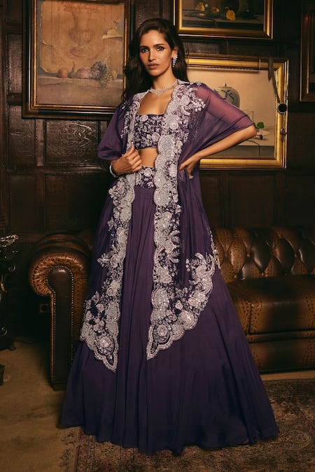 Studio22 by Pulkita Arora Bajaj Purple Organza Embroidered Pearl Jacket Imperial Zari Scalloped Lehenga Set 