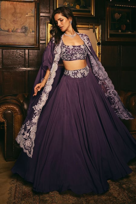 Buy_Studio22 By Pulkita Arora Bajaj_Purple Organza Pearls, Imperial Embroidered Scalloped Jacket Lehenga Set _Online_at_Aza_Fashions