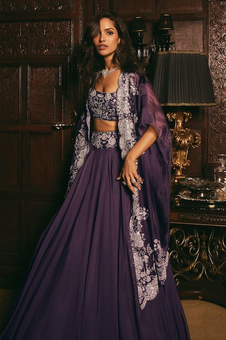 Shop_Studio22 By Pulkita Arora Bajaj_Purple Organza Pearls, Imperial Embroidered Scalloped Jacket Lehenga Set _Online_at_Aza_Fashions
