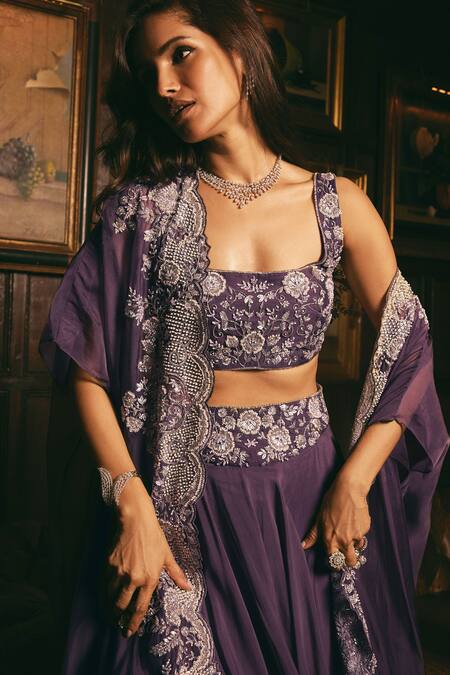 Studio22 By Pulkita Arora Bajaj_Purple Organza Pearls, Imperial Embroidered Scalloped Jacket Lehenga Set _at_Aza_Fashions