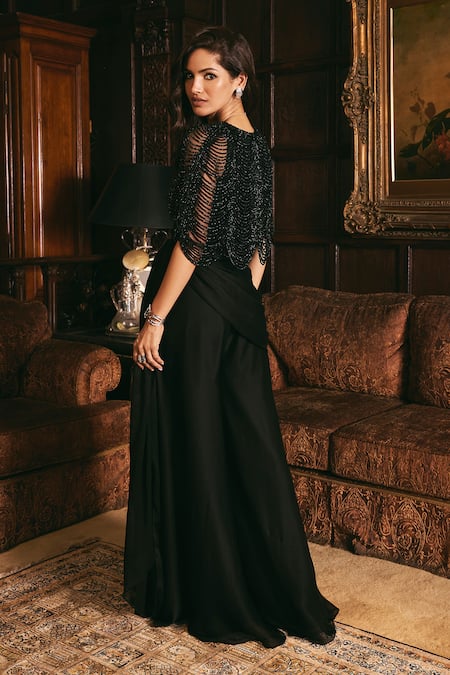 Studio22 By Pulkita Arora Bajaj Lunar Luster Cutdana Embellished Cape Blouse With Flared Pant 