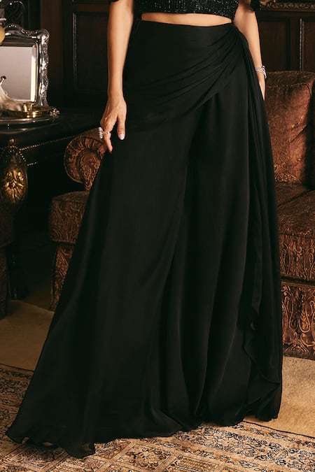 Studio22 By Pulkita Arora Bajaj_Black Net, Chiffon Lunar Luster Cutdana Embellished Cape Blouse With Flared Pant _Online_at_Aza_Fashions