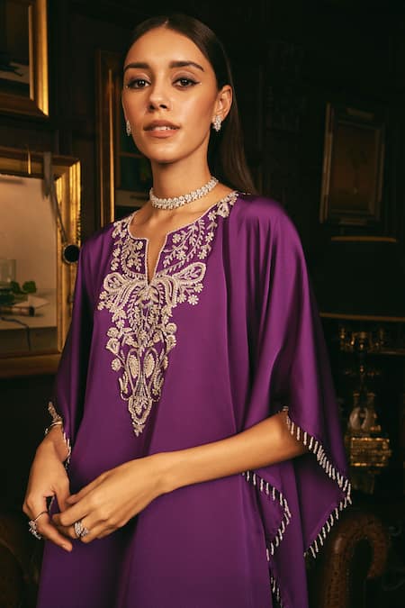Buy_Studio22 By Pulkita Arora Bajaj_Purple Satin Crystals, Pearls, Lumina Floral Embroidered Kaftan With Flared Pant _Online_at_Aza_Fashions