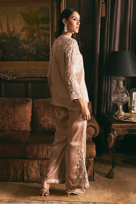 Studio22 By Pulkita Arora Bajaj Moonbeam Pearl Floral Embroidered Tunic With Flared Pant 