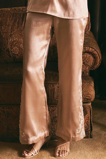 Studio22 By Pulkita Arora Bajaj_Beige Organza Pearls, Crystals, Moonbeam Floral Tunic With Flared Pant _Online_at_Aza_Fashions