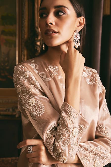 Buy_Studio22 By Pulkita Arora Bajaj_Beige Organza Pearls, Crystals, Moonbeam Floral Tunic With Flared Pant _Online_at_Aza_Fashions