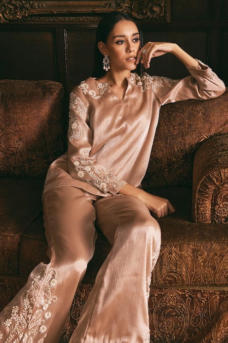 Shop_Studio22 By Pulkita Arora Bajaj_Beige Organza Pearls, Crystals, Moonbeam Floral Tunic With Flared Pant _Online_at_Aza_Fashions