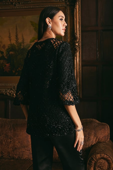 Studio22 By Pulkita Arora Bajaj Night Bloom Tonal Crystal Embellished Jacket Pant Set 