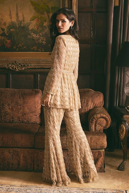 Studio22 By Pulkita Arora Bajaj Crystal Scallop Embroidered Peplum Kurta With Sharara 