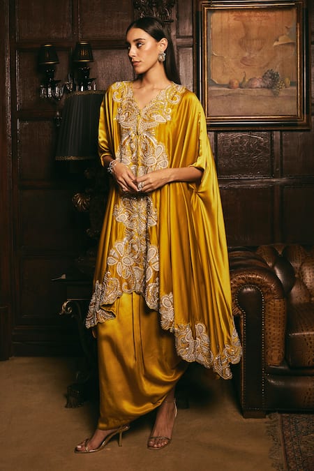Shop_Studio22 By Pulkita Arora Bajaj_Yellow Crepe Beads, Sunspot Embroidered Scalloped Kaftan With Draped Skirt _Online_at_Aza_Fashions