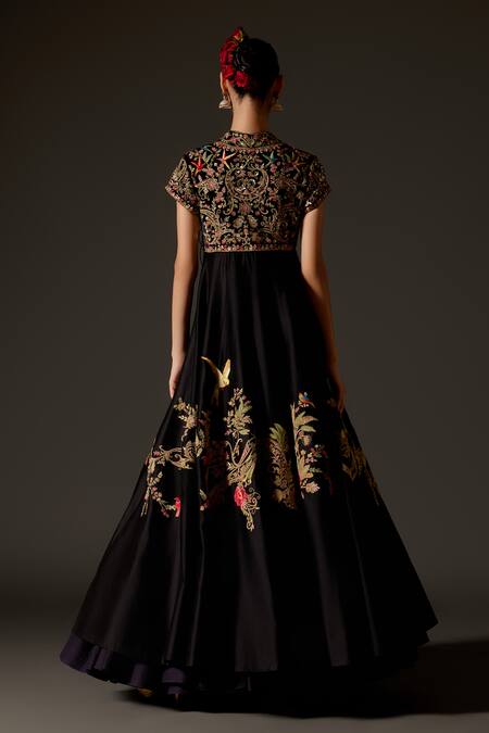 Shop_Rohit Bal_Black Chanderi Embroidery, Sequins V-neck Aari Angrakha Anarkali Set _at_Aza_Fashions