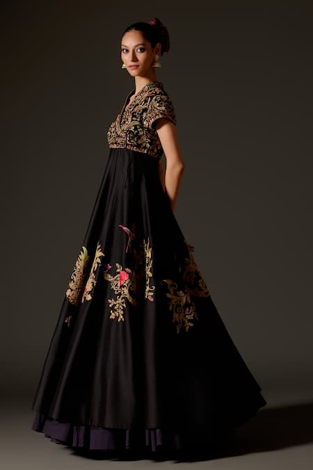 Rohit Bal_Black Chanderi Embroidery, Sequins V-neck Aari Angrakha Anarkali Set _Online_at_Aza_Fashions
