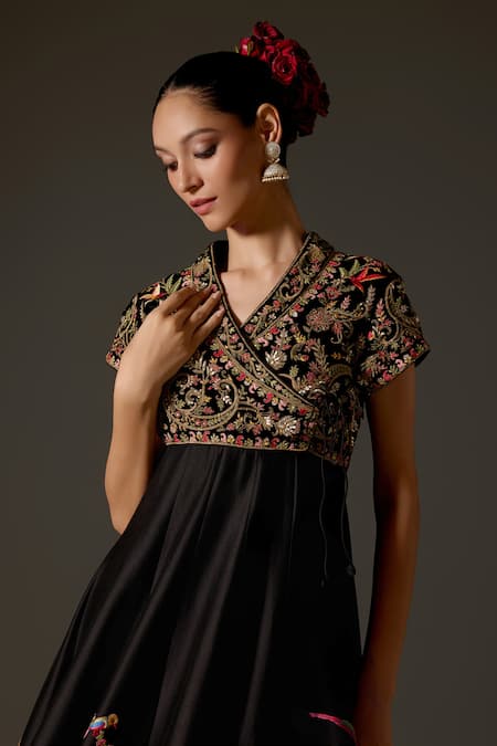 Buy_Rohit Bal_Black Chanderi Embroidery, Sequins V-neck Aari Angrakha Anarkali Set _Online_at_Aza_Fashions