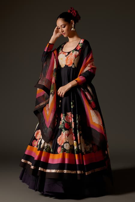 Rohit Bal Black Chanderi Printed Floral Digital Scoop Blossom Anarkali Set 