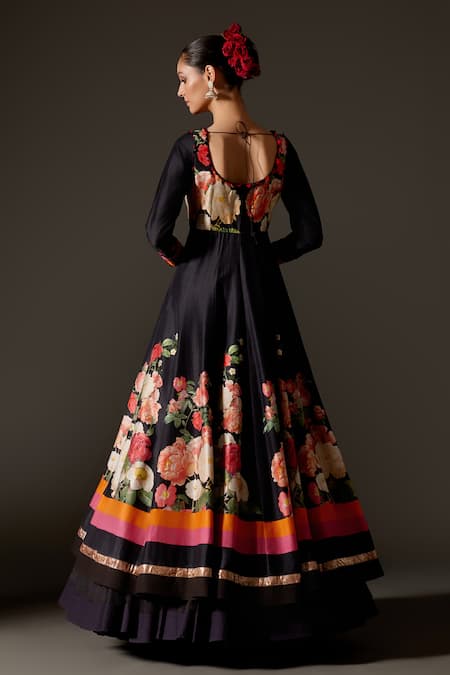 Shop_Rohit Bal_Black Chanderi Lace, Embroidery Scoop Neck Floral Blossom Print Anarkali Set _at_Aza_Fashions
