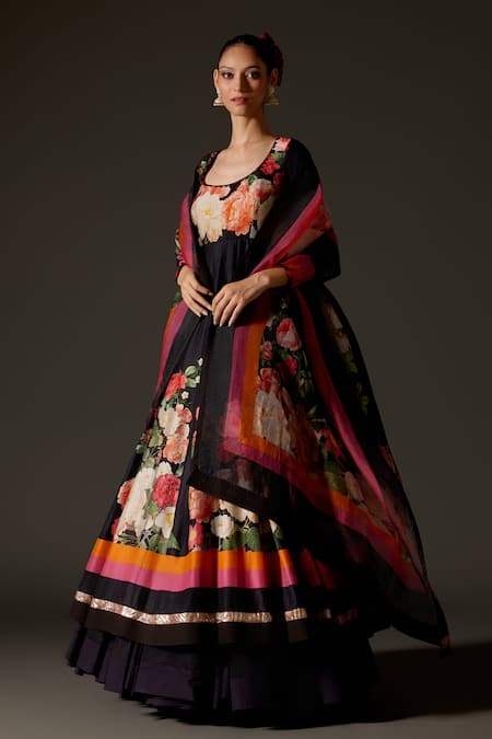 Rohit Bal_Black Chanderi Lace, Embroidery Scoop Neck Floral Blossom Print Anarkali Set _Online_at_Aza_Fashions