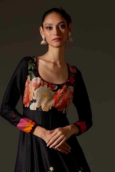 Buy_Rohit Bal_Black Chanderi Lace, Embroidery Scoop Neck Floral Blossom Print Anarkali Set _Online_at_Aza_Fashions