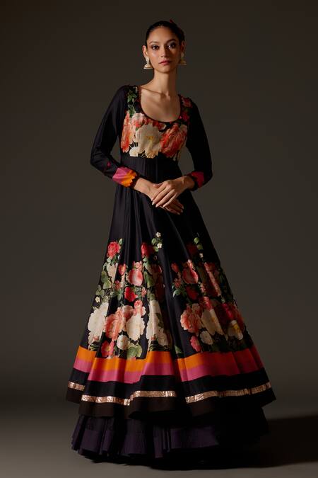 Shop_Rohit Bal_Black Chanderi Lace, Embroidery Scoop Neck Floral Blossom Print Anarkali Set _Online_at_Aza_Fashions