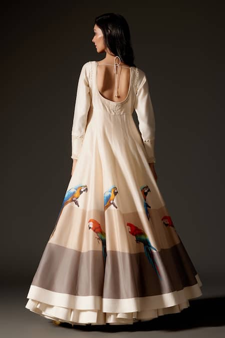 Shop Rohit Bal Ivory Cotton, Chanderi Silk Embroidery Scoop Bird Print Gradient Anarkali Set at Aza Fashions Shop_Rohit Bal_Ivory Cotton, Chanderi Silk Embroidery Scoop Bird Print Gradient Anarkali Set _at_Aza_Fashions