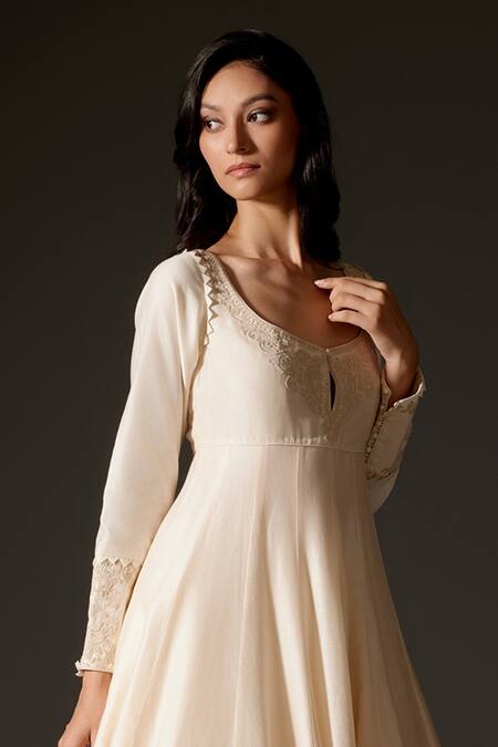 Rohit Bal Ivory Cotton, Chanderi Silk Embroidery Scoop Bird Print Gradient Anarkali Set Online at Aza Fashions Rohit Bal_Ivory Cotton, Chanderi Silk Embroidery Scoop Bird Print Gradient Anarkali Set _Online_at_Aza_Fashions