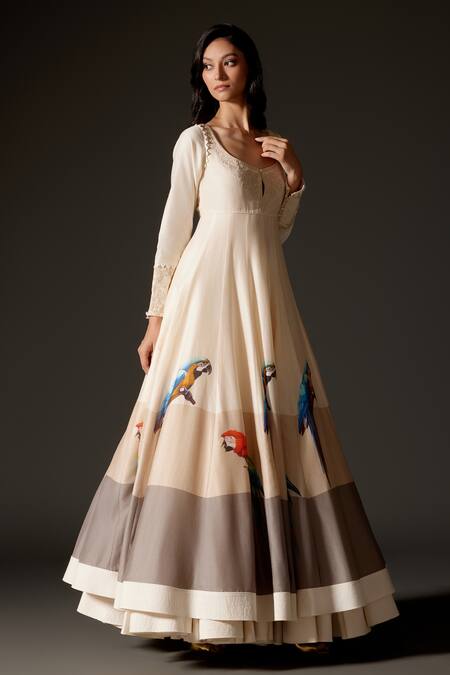Buy Rohit Bal Ivory Cotton, Chanderi Silk Embroidery Scoop Bird Print Gradient Anarkali Set Online at Aza Fashions Buy_Rohit Bal_Ivory Cotton, Chanderi Silk Embroidery Scoop Bird Print Gradient Anarkali Set _Online_at_Aza_Fashions