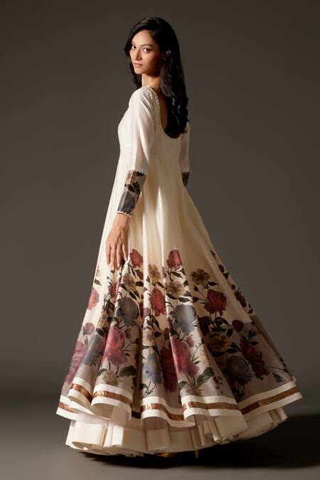 Shop Rohit Bal Ivory Cotton, Chanderi Silk Embroidery, Vertical Floral Vine Print Anarkali Set at Aza Fashions Shop_Rohit Bal_Ivory Cotton, Chanderi Silk Embroidery, Vertical Floral Vine Print Anarkali Set _at_Aza_Fashions