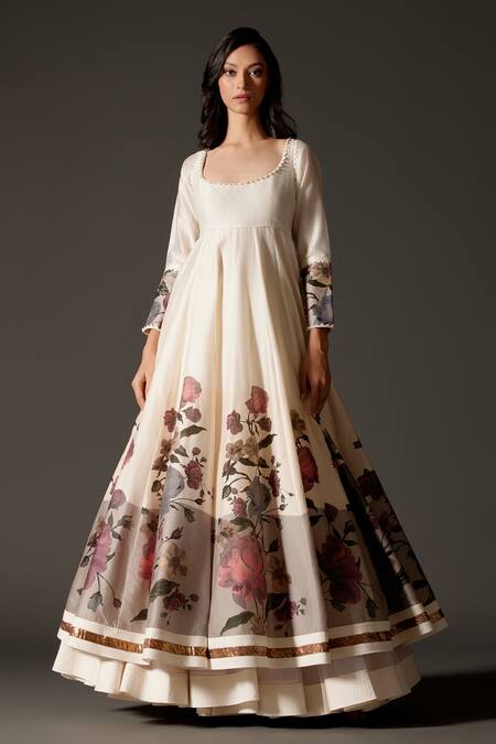 Rohit Bal Ivory Cotton, Chanderi Silk Embroidery, Vertical Floral Vine Print Anarkali Set Online at Aza Fashions Rohit Bal_Ivory Cotton, Chanderi Silk Embroidery, Vertical Floral Vine Print Anarkali Set _Online_at_Aza_Fashions