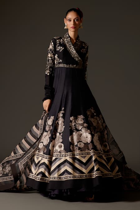 Rohit Bal Metallic Thread Aari Embroidered Bodice Angrakha Anarkali Set 