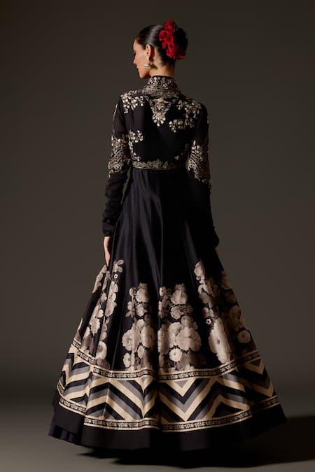Shop Rohit Bal Black Chanderi Silk Embroidery, Metallic Aari Bodice Angrakha Anarkali Set at Aza Fashions Shop_Rohit Bal_Black Chanderi Silk Embroidery, Metallic Aari Bodice Angrakha Anarkali Set _at_Aza_Fashions
