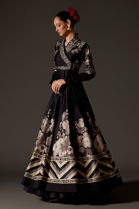 Rohit Bal Black Chanderi Silk Embroidery, Metallic Aari Bodice Angrakha Anarkali Set Online at Aza Fashions Rohit Bal_Black Chanderi Silk Embroidery, Metallic Aari Bodice Angrakha Anarkali Set _Online_at_Aza_Fashions