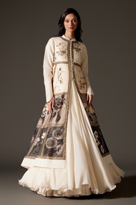 Rohit Bal Ivory Chanderi Printed Floral Mandarin Collar Gradient Pastel Jacket 