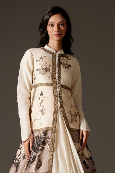 Rohit Bal_Ivory Chanderi Embroidery Mandarin Collar Gradient Pastel Floral Print Jacket _Online_at_Aza_Fashions