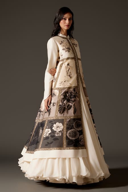 Buy_Rohit Bal_Ivory Chanderi Embroidery Mandarin Collar Gradient Pastel Floral Print Jacket _Online_at_Aza_Fashions
