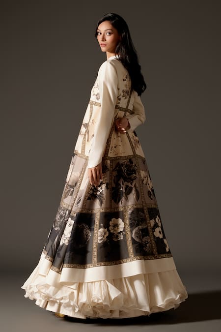 Shop_Rohit Bal_Ivory Chanderi Embroidery Mandarin Collar Gradient Pastel Floral Print Jacket _Online_at_Aza_Fashions