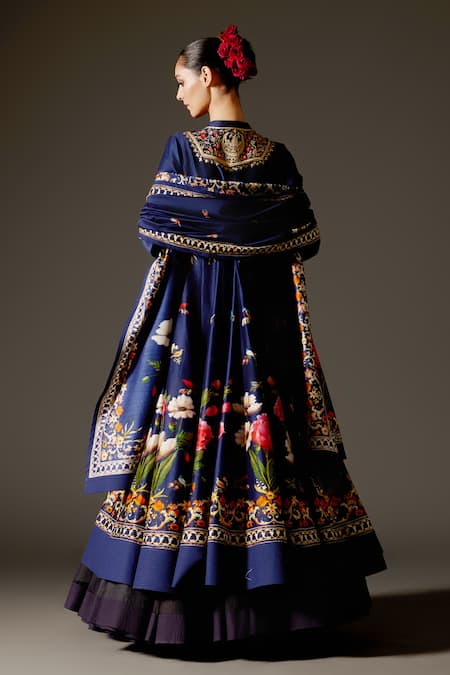 Shop Rohit Bal Blue Chanderi Embroidery Mandarin Collar Floral Bird Print Anarkali Set at Aza Fashions Shop_Rohit Bal_Blue Chanderi Embroidery Mandarin Collar Floral Bird Print Anarkali Set _at_Aza_Fashions