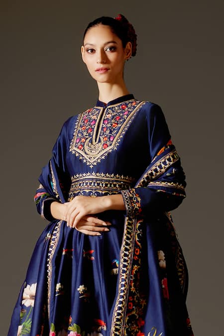 Rohit Bal Blue Chanderi Embroidery Mandarin Collar Floral Bird Print Anarkali Set Online at Aza Fashions Rohit Bal_Blue Chanderi Embroidery Mandarin Collar Floral Bird Print Anarkali Set _Online_at_Aza_Fashions