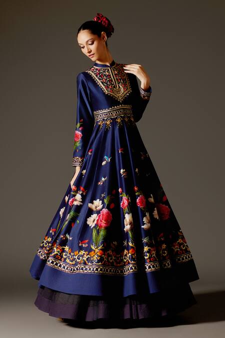 Buy Rohit Bal Blue Chanderi Embroidery Mandarin Collar Floral Bird Print Anarkali Set Online at Aza Fashions Buy_Rohit Bal_Blue Chanderi Embroidery Mandarin Collar Floral Bird Print Anarkali Set _Online_at_Aza_Fashions
