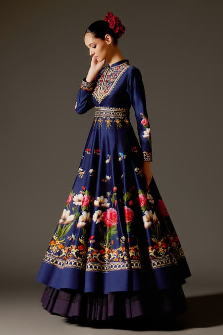 Shop Rohit Bal Blue Chanderi Embroidery Mandarin Collar Floral Bird Print Anarkali Set Online at Aza Fashions Shop_Rohit Bal_Blue Chanderi Embroidery Mandarin Collar Floral Bird Print Anarkali Set _Online_at_Aza_Fashions