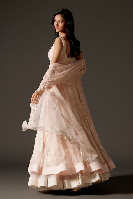 Shop Rohit Bal Pink Chanderi Sequins, Embroidery Sweetheart Floral Vine Tonal Anarkali Set at Aza Fashions Shop_Rohit Bal_Pink Chanderi Sequins, Embroidery Sweetheart Floral Vine Tonal Anarkali Set _at_Aza_Fashions