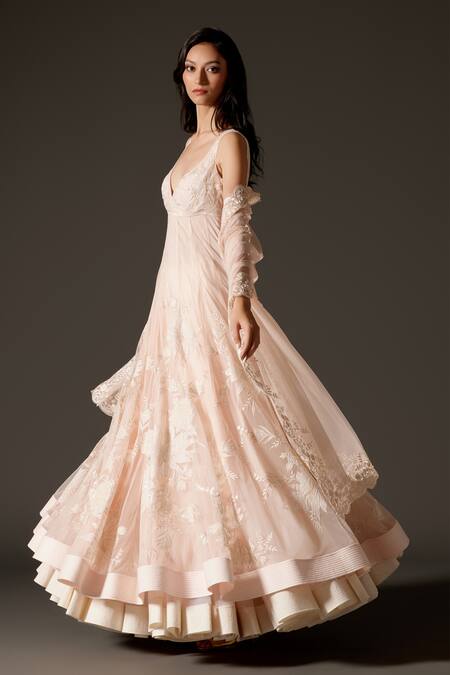 Shop Rohit Bal Pink Chanderi Sequins, Embroidery Sweetheart Floral Vine Tonal Anarkali Set Online at Aza Fashions Shop_Rohit Bal_Pink Chanderi Sequins, Embroidery Sweetheart Floral Vine Tonal Anarkali Set _Online_at_Aza_Fashions