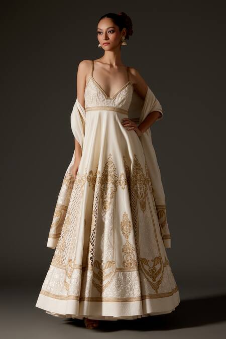 Buy Rohit Bal Cream Chanderi Silk Embroidery Sweetheart Neck Swirl Cutwork Anarkali Set Online at Aza Fashions Buy_Rohit Bal_Cream Chanderi Silk Embroidery Sweetheart Neck Swirl Cutwork Anarkali Set _Online_at_Aza_Fashions