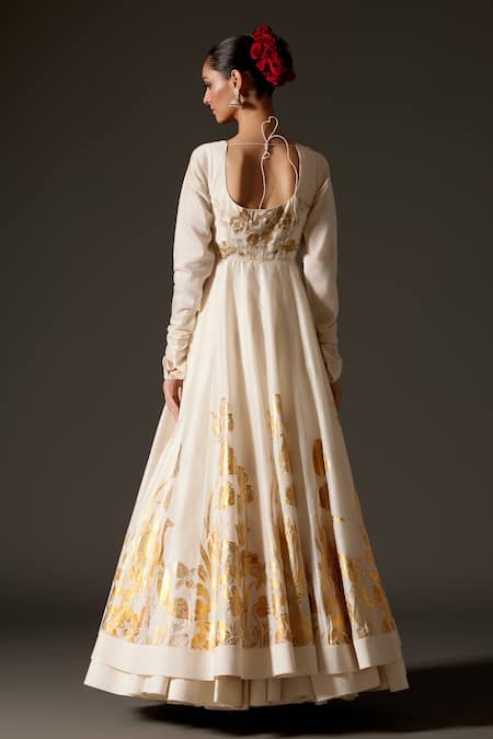 Shop Rohit Bal Cream Chanderi Silk Embroidery, Foil Printing Scoop Neck Oriental Anarkali Set at Aza Fashions Shop_Rohit Bal_Cream Chanderi Silk Embroidery, Foil Printing Scoop Neck Oriental Anarkali Set _at_Aza_Fashions