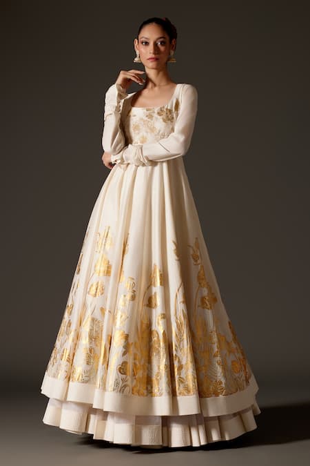 Rohit Bal Cream Chanderi Silk Embroidery, Foil Printing Scoop Neck Oriental Anarkali Set Online at Aza Fashions Rohit Bal_Cream Chanderi Silk Embroidery, Foil Printing Scoop Neck Oriental Anarkali Set _Online_at_Aza_Fashions