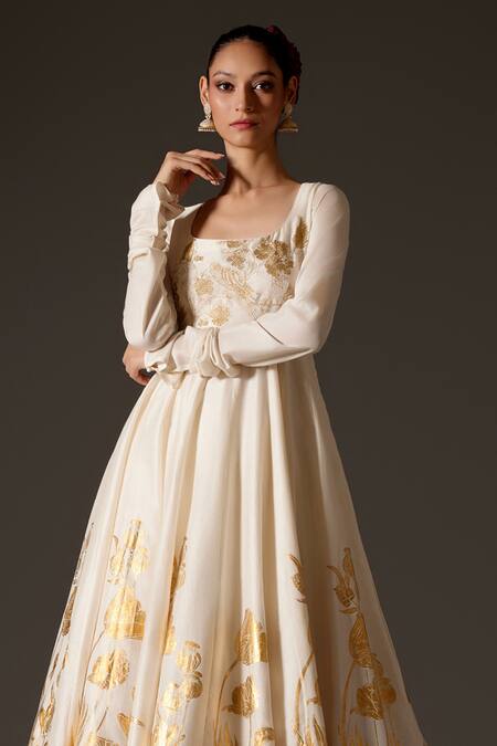 Buy Rohit Bal Cream Chanderi Silk Embroidery, Foil Printing Scoop Neck Oriental Anarkali Set Online at Aza Fashions Buy_Rohit Bal_Cream Chanderi Silk Embroidery, Foil Printing Scoop Neck Oriental Anarkali Set _Online_at_Aza_Fashions