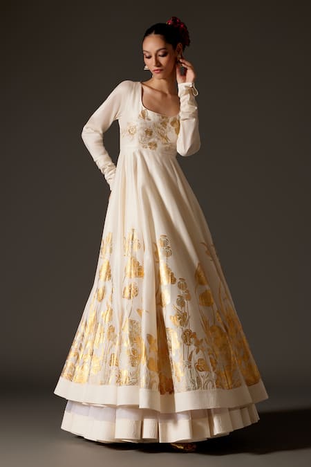 Shop Rohit Bal Cream Chanderi Silk Embroidery, Foil Printing Scoop Neck Oriental Anarkali Set Online at Aza Fashions Shop_Rohit Bal_Cream Chanderi Silk Embroidery, Foil Printing Scoop Neck Oriental Anarkali Set _Online_at_Aza_Fashions